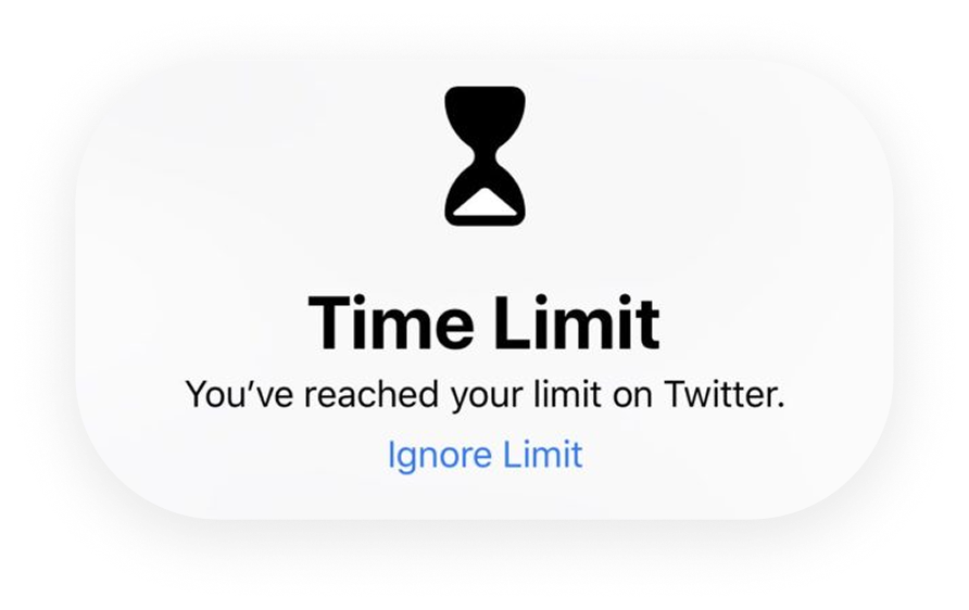 Time Limit notification showing 'You've reached your limit on Twitter. Ignore Limit'